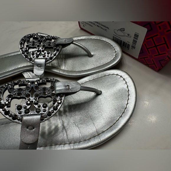 Tory Burch Miller Embellished Sandal-Metallic Suede Veg Leather #8 - Picture 14 of 15